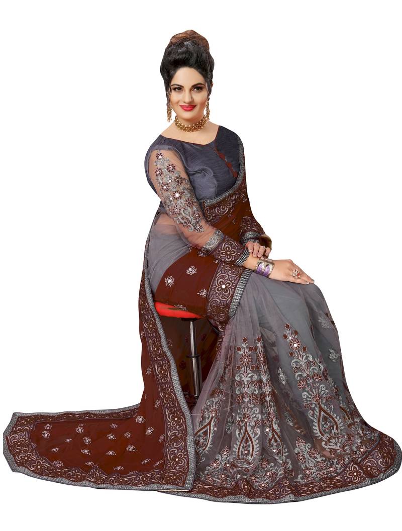Trendmalls Embroidery Designer Satin and Net Brown  Traditional Wedding Party Wear Bridal Saree with Blouse 